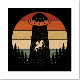 Bigfoot Ufo Abduction Sasquatch Riding A Unicorn Posters and Art